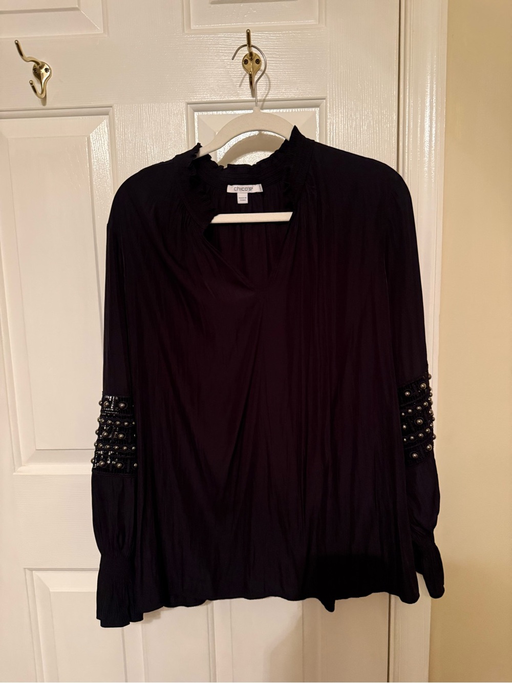 Chico's Black Long-Sleeve Beaded Cuff Peasant Blouse